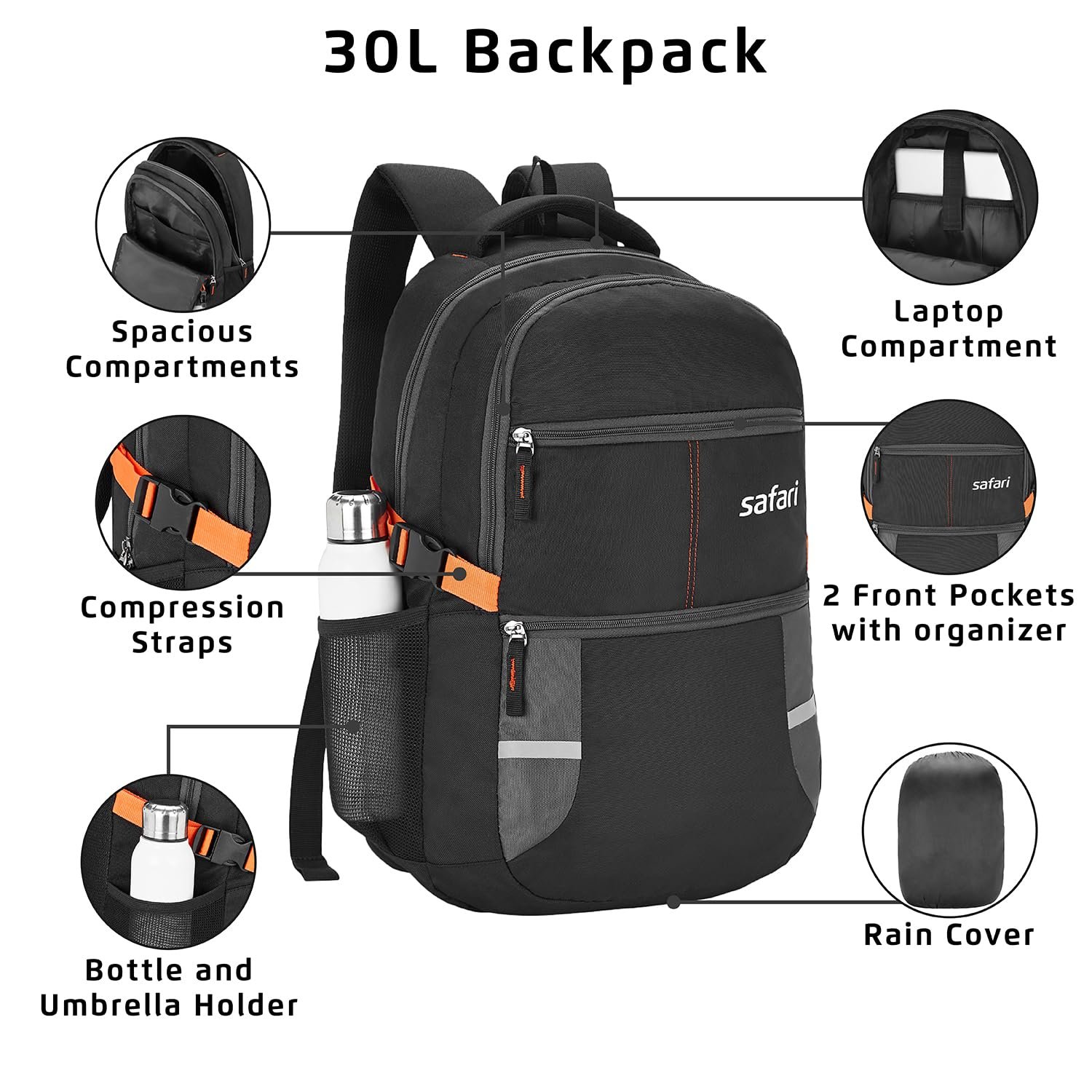71Q7amUdapL._SL1500_ Safari Omega spacious/large laptop backpack with Raincover, college bag, travel bag for men and women, Black, 30 Litre - Image 3