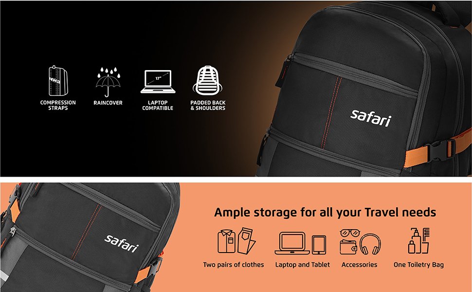 SAFARI Safari Omega spacious/large laptop backpack with Raincover, college bag, travel bag for men and women, Black, 30 Litre - Image 5