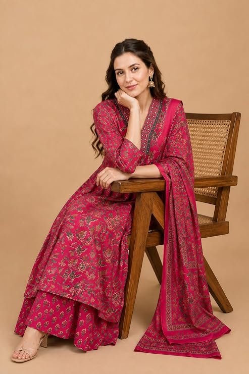 kurti 2 Women's Rayon Printed Anarkali Kurta and Pant with Dupatta Set - Image 2