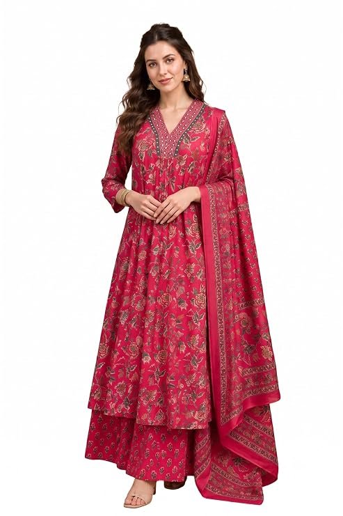 kurti Women's Rayon Printed Anarkali Kurta and Pant with Dupatta Set