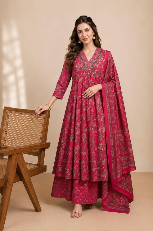 kutr Women's Rayon Printed Anarkali Kurta and Pant with Dupatta Set - Image 3